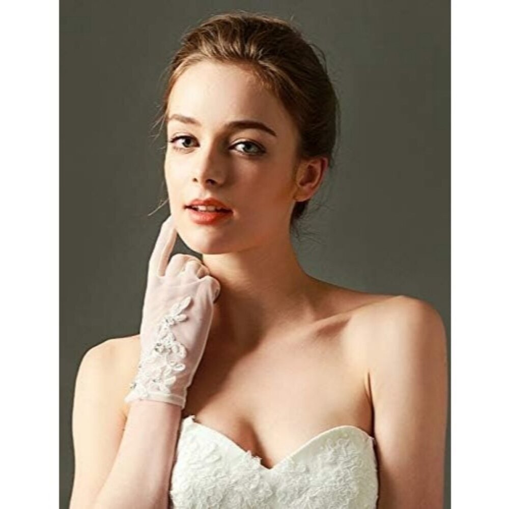 Women's Lvory Short Length Satin Wrist Gloves Stretchy Wedding Party Prom - Picture 5 of 7
